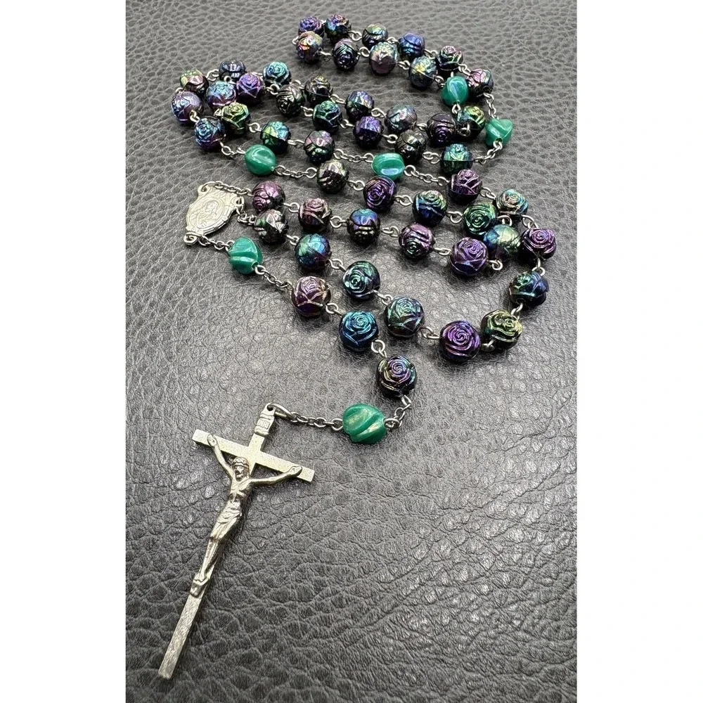 VTG Rosary Necklace Oil Slick Iridescent Rose Floral Beads Crucifix Silver Tone
